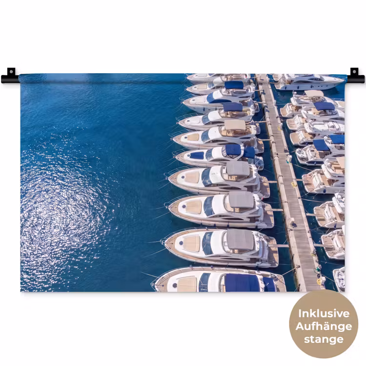 Boot - Jachthaven - Water - Zomer - Blauw Wandkleed katoen klein -t3d_DE
