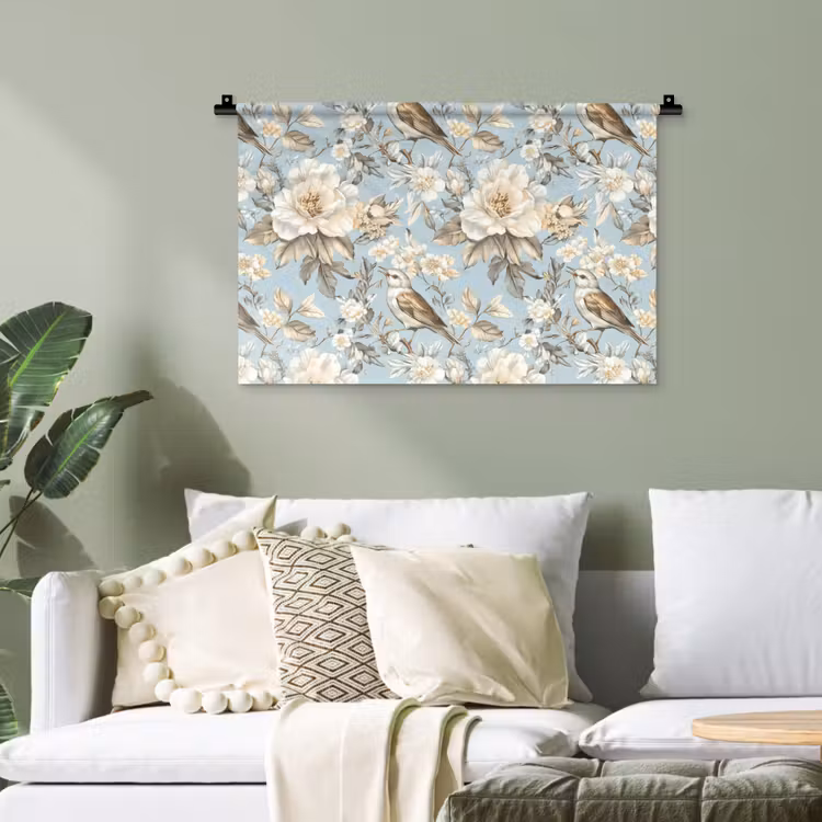 Botanisch - Zangvogel - Blauw Wandkleed katoen klein 269 -sfeer7