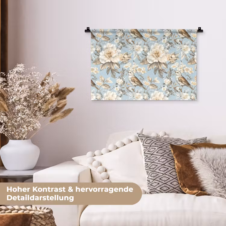 Botanisch - Zangvogel - Blauw Wandkleed katoen klein 269 -tsfeer1_DE