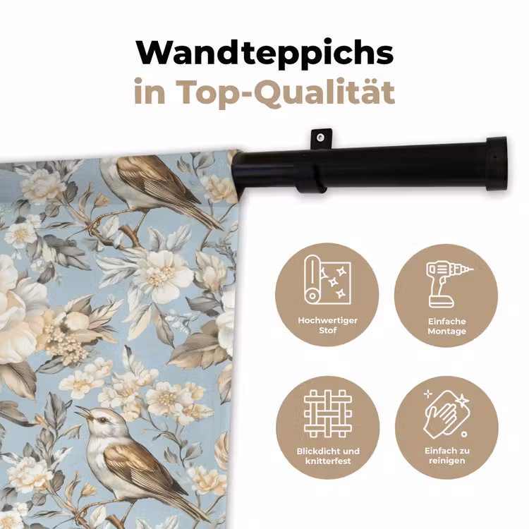 Botanisch - Zangvogel - Blauw Wandkleed katoen klein 269 -tsfeer2_DE