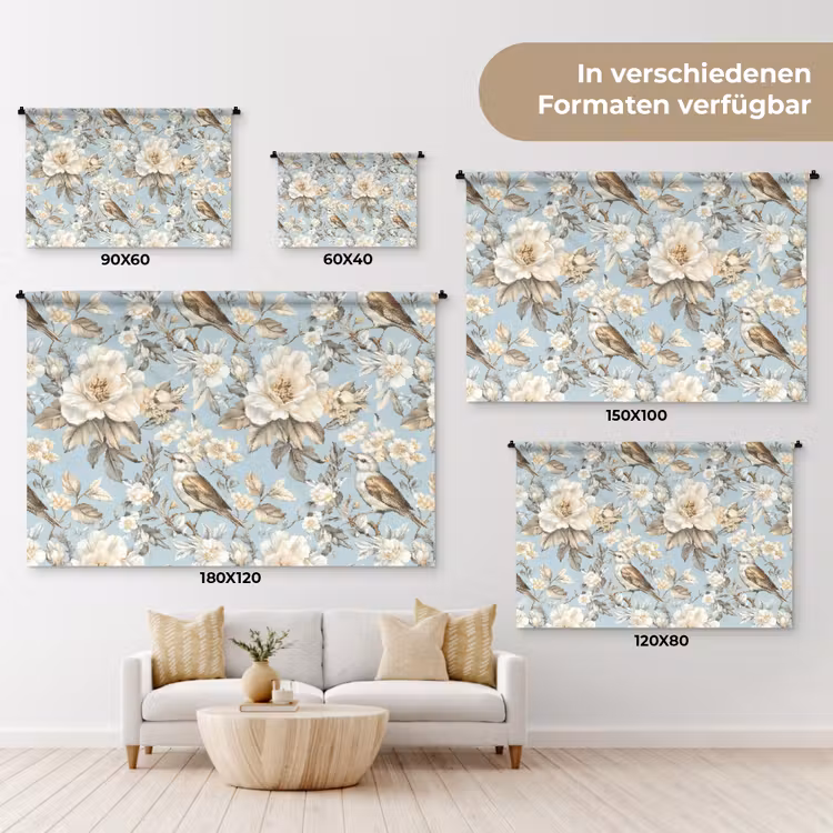 Botanisch - Zangvogel - Blauw Wandkleed katoen klein 269 -tsfeer8_DE