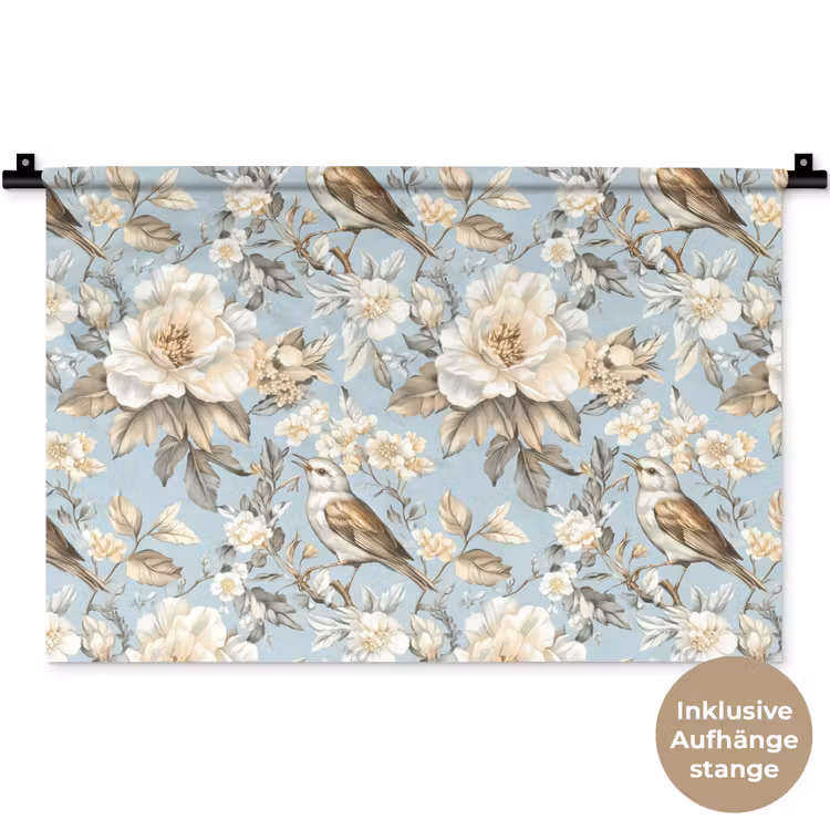 Botanisch - Zangvogel - Blauw Wandkleed katoen klein 269 -t3d_DE