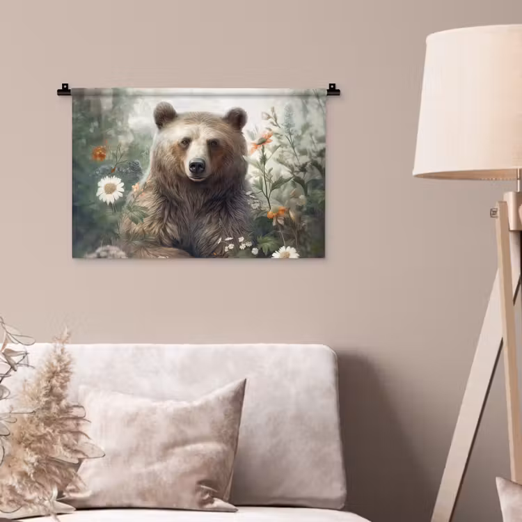 Bruine beer - Wilde dieren - Bloemen - Planten Wandkleed katoen klein -sfeer4