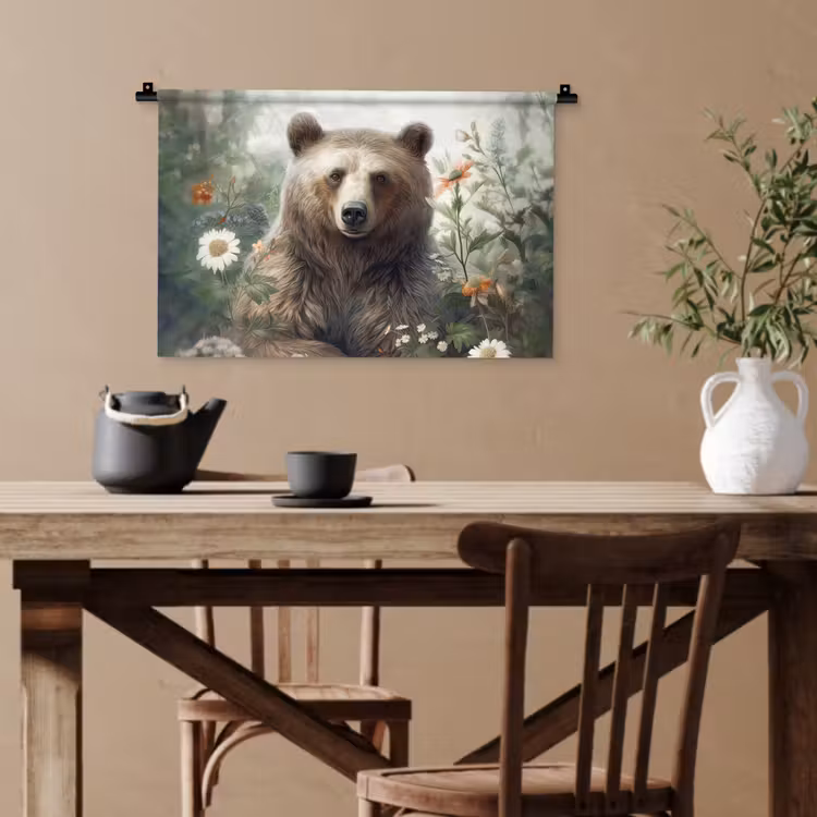 Bruine beer - Wilde dieren - Bloemen - Planten Wandkleed katoen klein -sfeer6