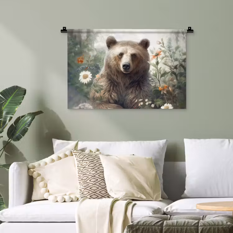 Bruine beer - Wilde dieren - Bloemen - Planten Wandkleed katoen klein -sfeer7