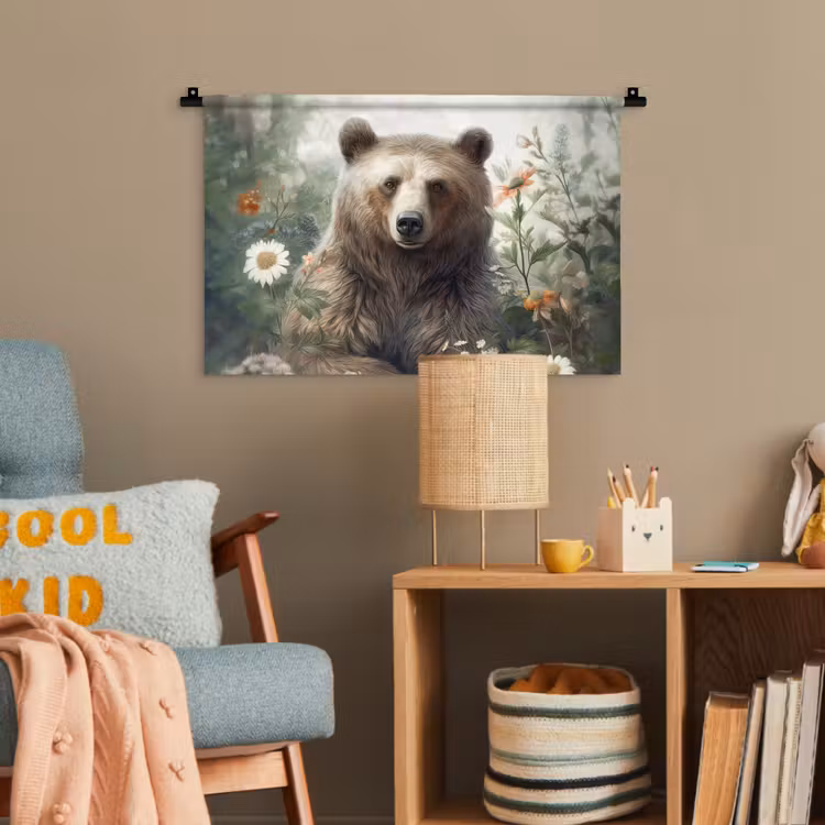 Bruine beer - Wilde dieren - Bloemen - Planten Wandkleed katoen klein -wsfeer4_kind