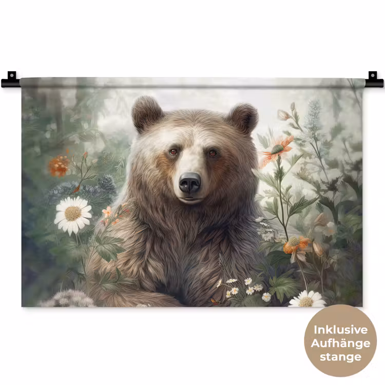 Bruine beer - Wilde dieren - Bloemen - Planten Wandkleed katoen klein -t3d_DE