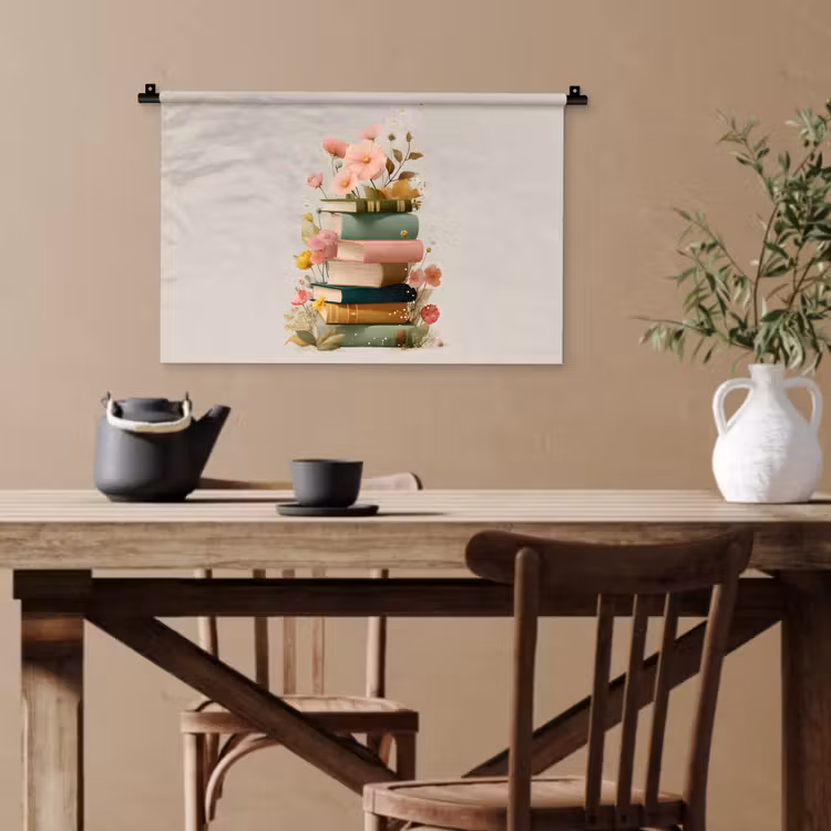 Boeken - Stapel - Bloemen - Kleurrijk Wandkleed katoen klein -sfeer6