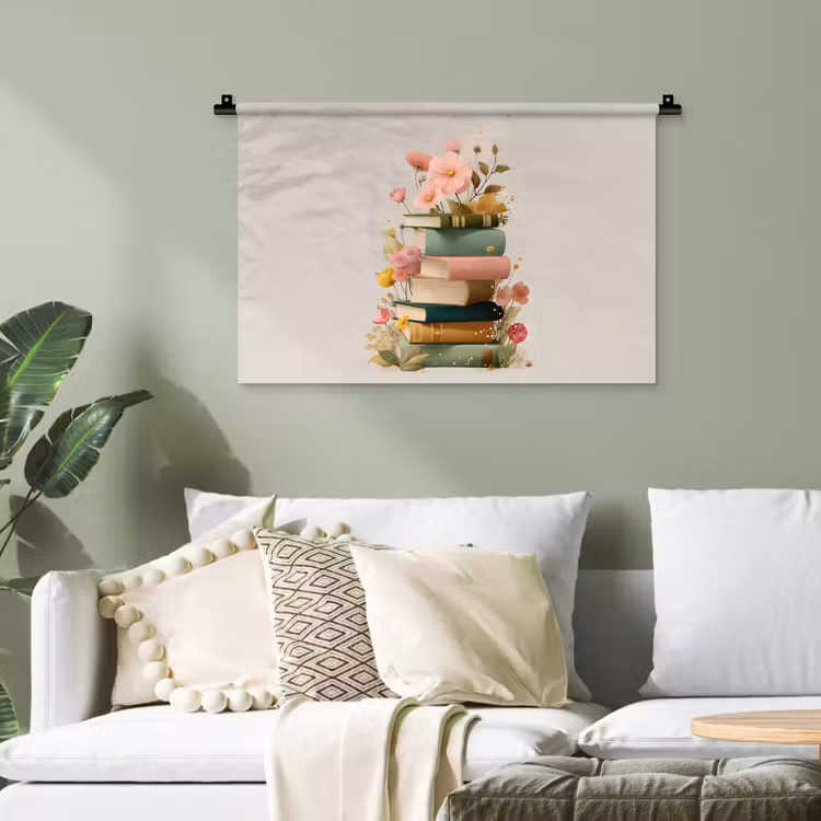Boeken - Stapel - Bloemen - Kleurrijk Wandkleed katoen klein -sfeer7