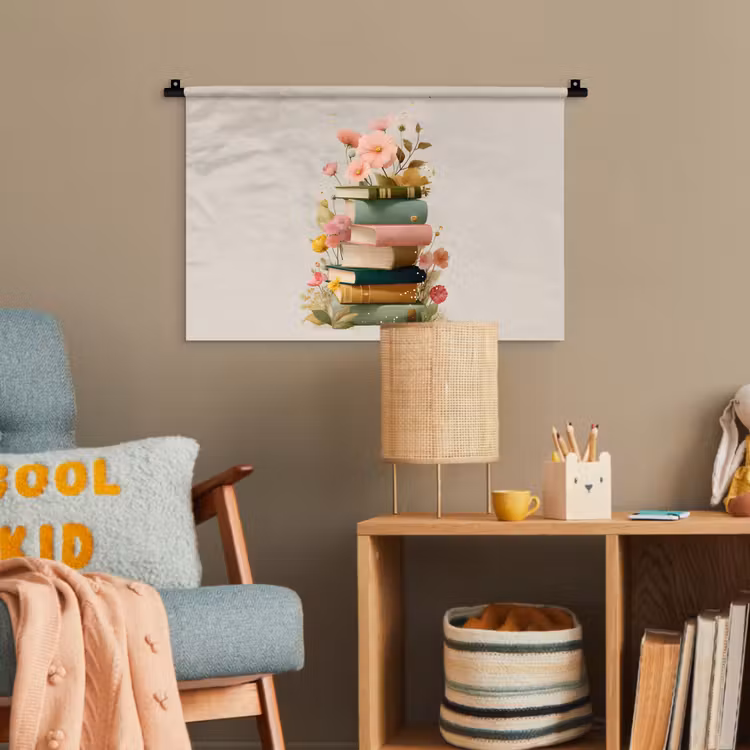 Boeken - Stapel - Bloemen - Kleurrijk Wandkleed katoen klein -wsfeer4_kind