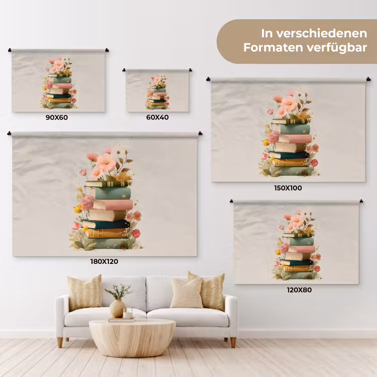 Boeken - Stapel - Bloemen - Kleurrijk Wandkleed katoen klein -tsfeer8_DE