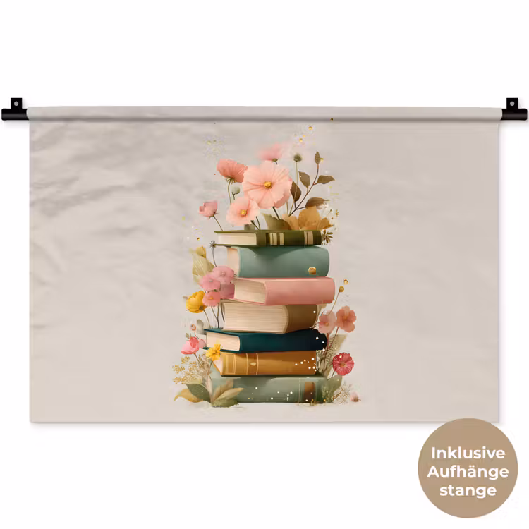 Boeken - Stapel - Bloemen - Kleurrijk Wandkleed katoen klein -t3d_DE