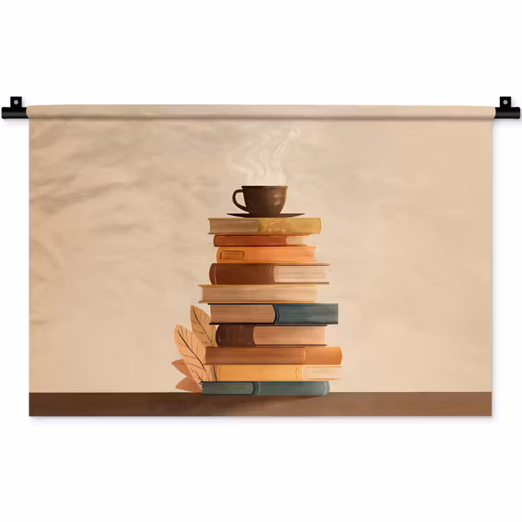 Boeken - Toren - Koffie - Beige Wandkleed katoen klein -zz3d