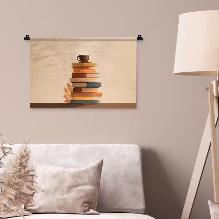 Boeken - Toren - Koffie - Beige Wandkleed katoen klein -sfeer4
