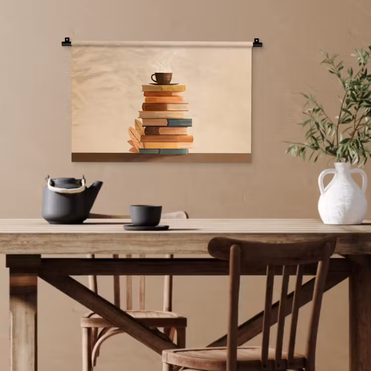 Boeken - Toren - Koffie - Beige Wandkleed katoen klein -sfeer6