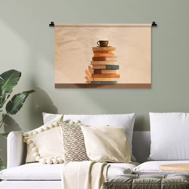 Boeken - Toren - Koffie - Beige Wandkleed katoen klein -sfeer7