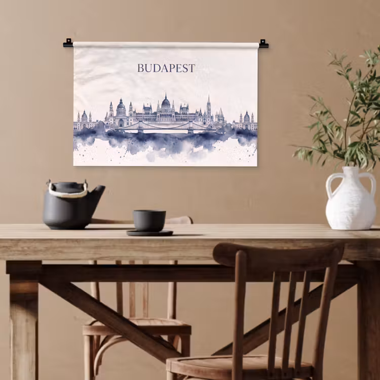 Boedapest - Skyline - Architectuur - Aquarel - Blauw Wandkleed katoen klein -sfeer6