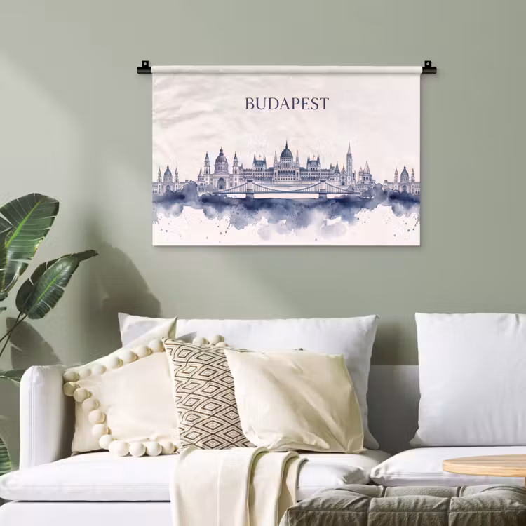 Boedapest - Skyline - Architectuur - Aquarel - Blauw Wandkleed katoen klein -sfeer7