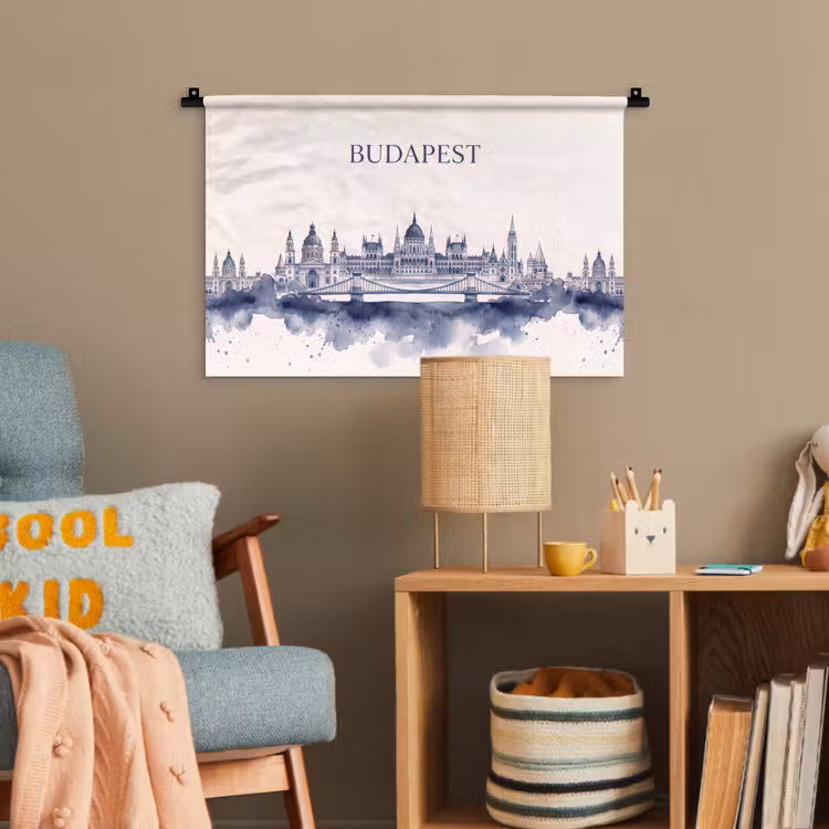 Boedapest - Skyline - Architectuur - Aquarel - Blauw Wandkleed katoen klein -wsfeer4_kind