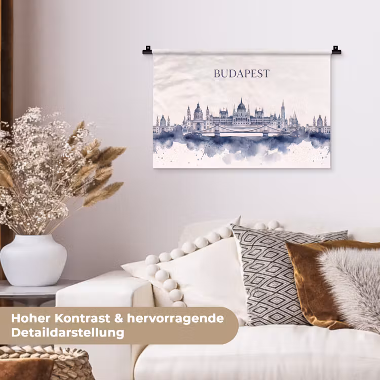 Boedapest - Skyline - Architectuur - Aquarel - Blauw Wandkleed katoen klein -tsfeer1_DE