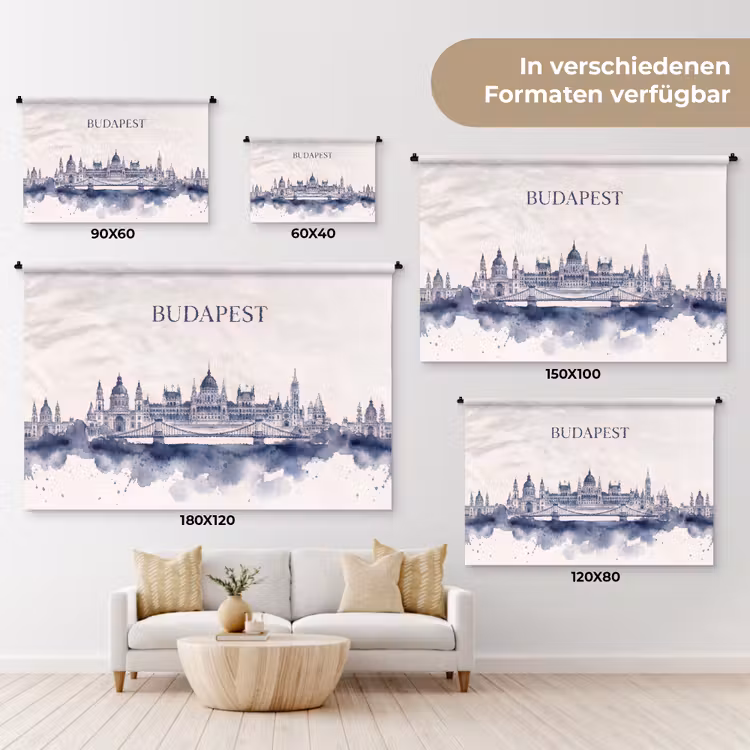 Boedapest - Skyline - Architectuur - Aquarel - Blauw Wandkleed katoen klein -tsfeer8_DE