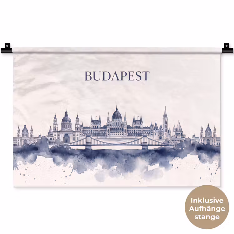Boedapest - Skyline - Architectuur - Aquarel - Blauw Wandkleed katoen klein -t3d_DE