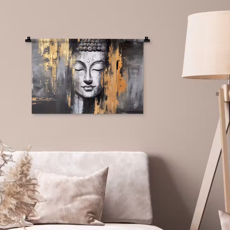 Boedhha - Penseelstreken - Goud - Abstract Wandkleed katoen klein -sfeer4