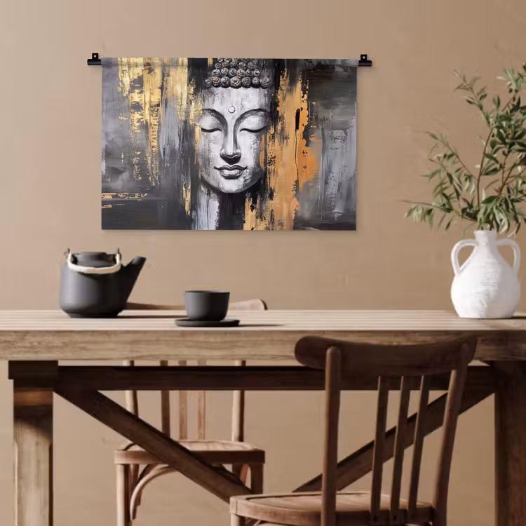 Boedhha - Penseelstreken - Goud - Abstract Wandkleed katoen klein -sfeer6