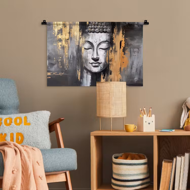 Boedhha - Penseelstreken - Goud - Abstract Wandkleed katoen klein -wsfeer4_kind