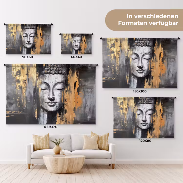 Boedhha - Penseelstreken - Goud - Abstract Wandkleed katoen klein -tsfeer8_DE