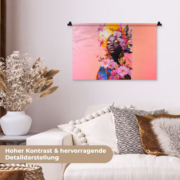 Kleurrijk - Bloemen - Vrouw - Zon Wandkleed katoen klein -tsfeer1_DE