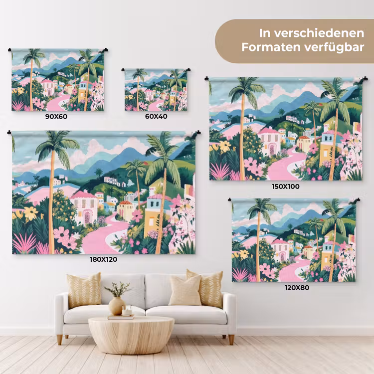Kleurrijk - Huizen - Heuvels - Roze Wandkleed katoen klein -tsfeer8_DE