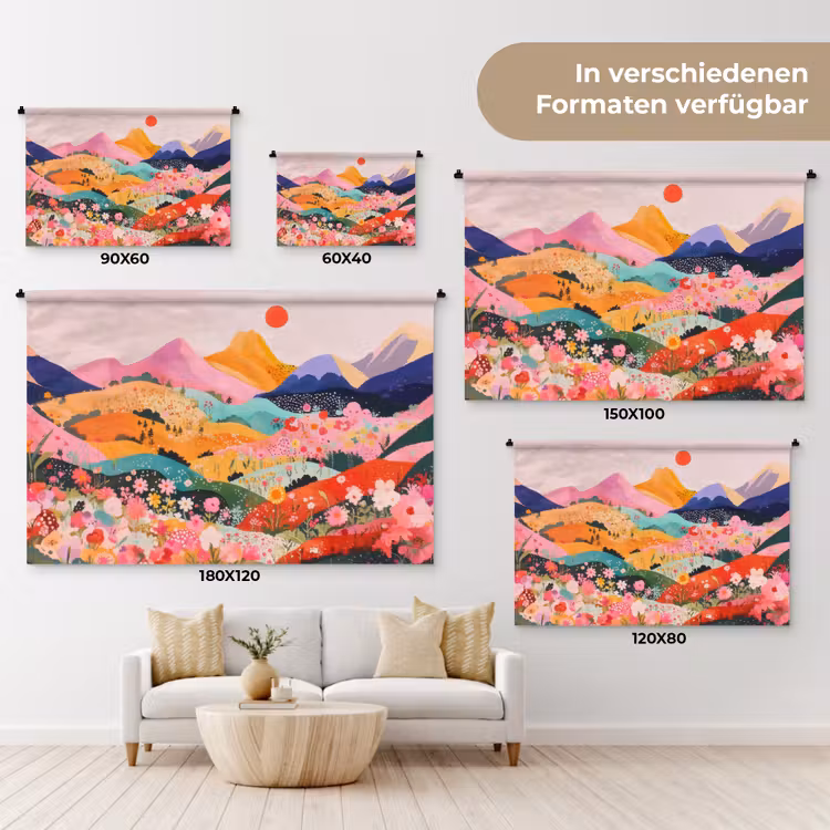Kleurrijke bloemen - Bergen - Fantasielandschap Wandkleed katoen klein -tsfeer8_DE