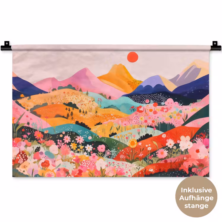 Kleurrijke bloemen - Bergen - Fantasielandschap Wandkleed katoen klein -t3d_DE