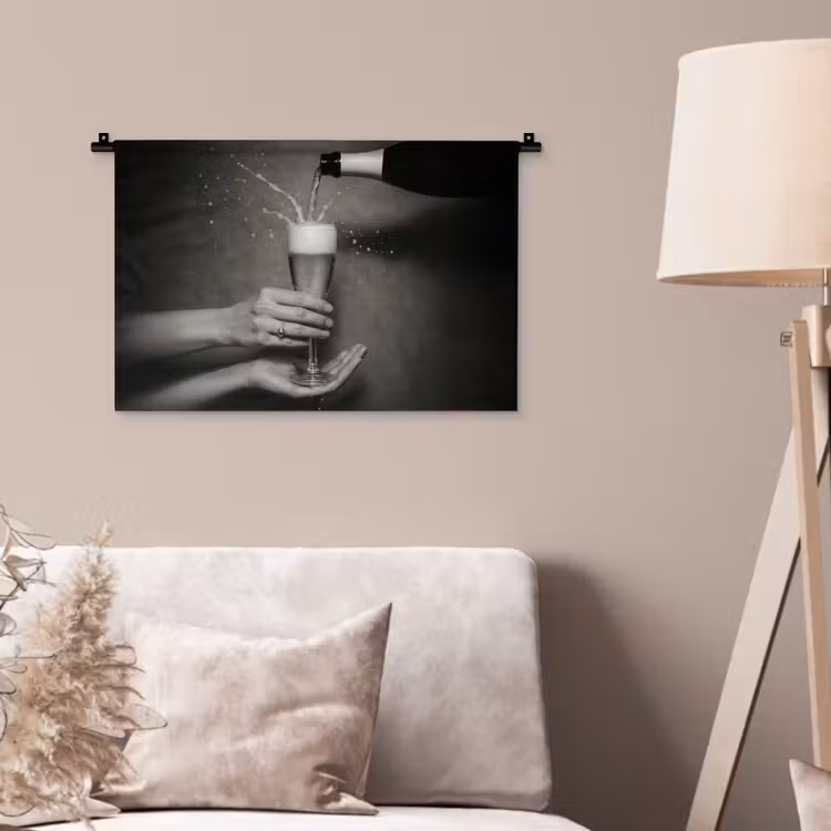 Champagnefles - Glas - Minimalistisch - Spetters Wandkleed katoen klein -sfeer4
