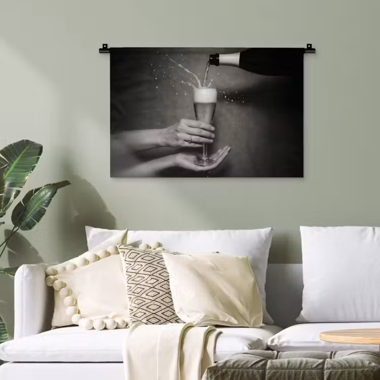 Champagnefles - Glas - Minimalistisch - Spetters Wandkleed katoen klein -sfeer7