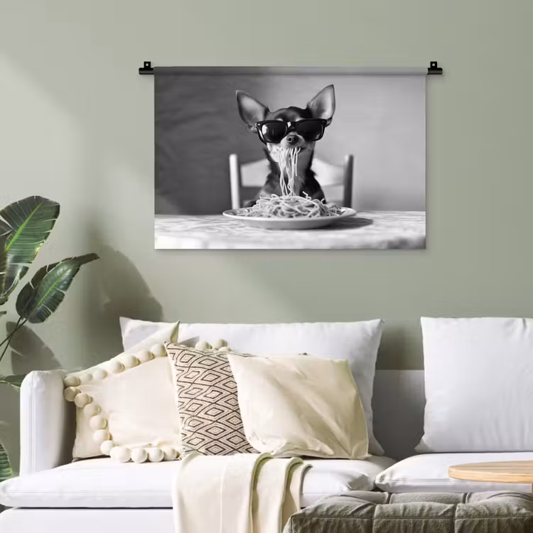 Chihuahua - Hond - Zonnebril - Humoristisch - Zwart - Wit - Spaghetti Wandkleed katoen klein -sfeer7
