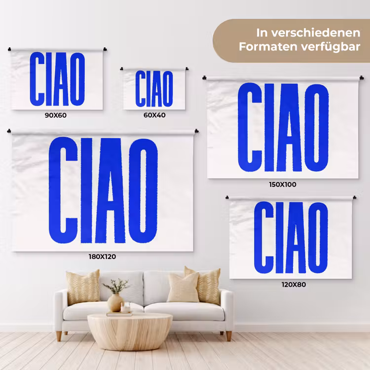 Ciao - Hoofdletters - Blauw - Minimalistisch Wandkleed katoen klein -tsfeer8_DE