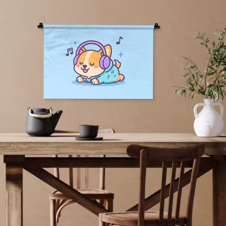 Corgi - Koptelefoon - Blauw - Muzieknoten Wandkleed katoen klein -sfeer6