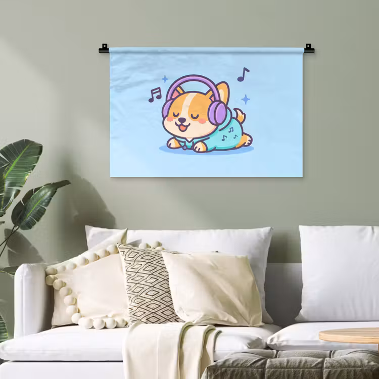 Corgi - Koptelefoon - Blauw - Muzieknoten Wandkleed katoen klein -sfeer7