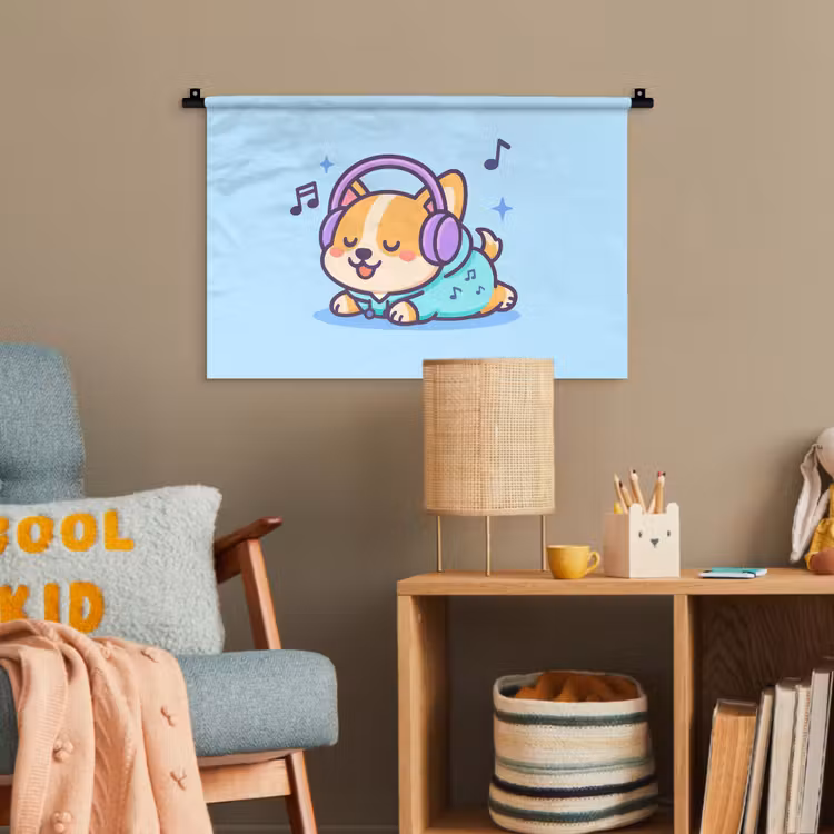 Corgi - Koptelefoon - Blauw - Muzieknoten Wandkleed katoen klein -wsfeer4_kind