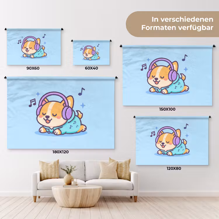Corgi - Koptelefoon - Blauw - Muzieknoten Wandkleed katoen klein -tsfeer8_DE