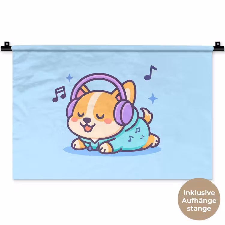 Corgi - Koptelefoon - Blauw - Muzieknoten Wandkleed katoen klein -t3d_DE