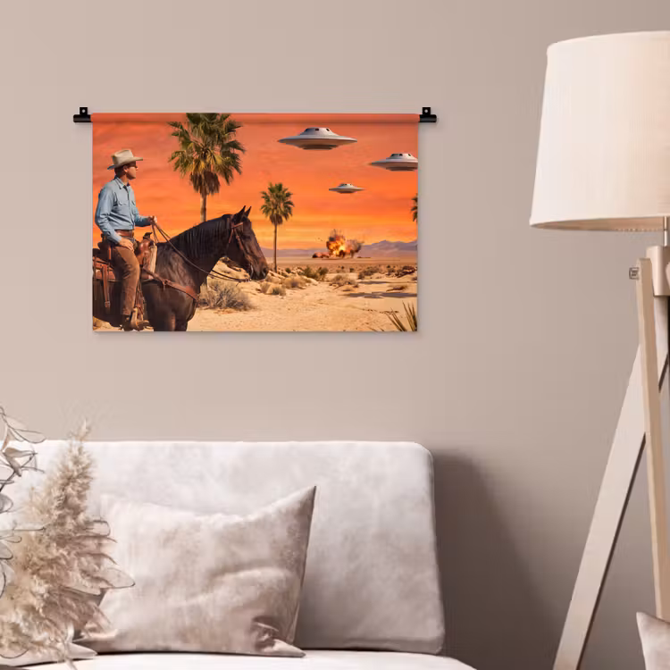 Wandteppich - Cowboy – Pferd – Wüste - Cowboy - Paard - Woestijn Wandkleed katoen klein