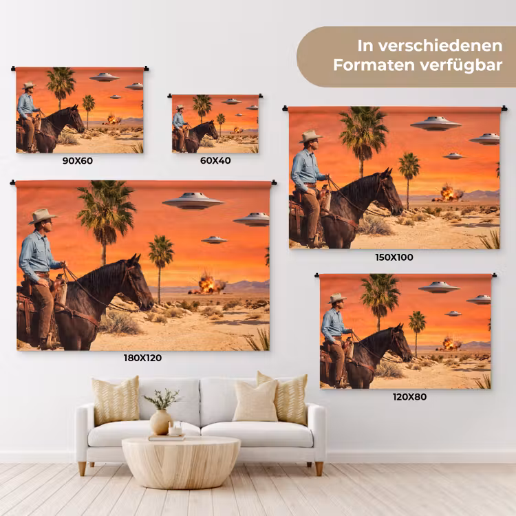Wandteppich - Cowboy – Pferd – Wüste - Cowboy - Paard - Woestijn Wandkleed katoen klein