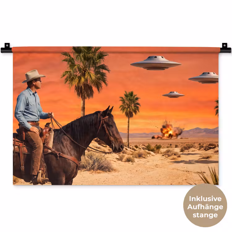 Wandteppich - Cowboy – Pferd – Wüste - Cowboy - Paard - Woestijn Wandkleed katoen klein