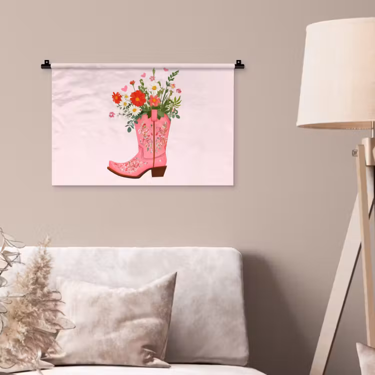 Cowboylaarzen - Roze - Boeket - Bloemen Wandkleed katoen klein -sfeer4