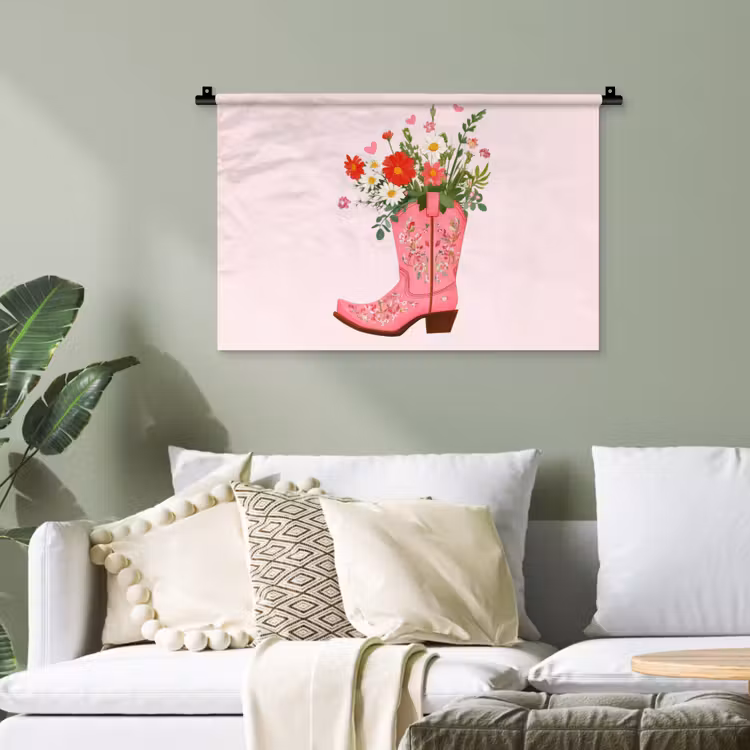 Cowboylaarzen - Roze - Boeket - Bloemen Wandkleed katoen klein -sfeer7