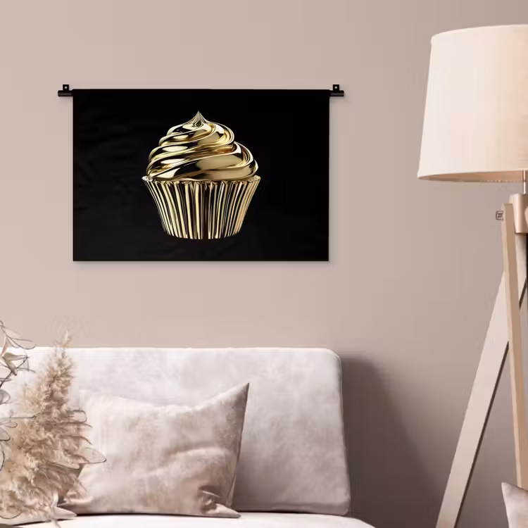 Cupcake - Eten - Goud - Zwart Wandkleed katoen klein -sfeer4
