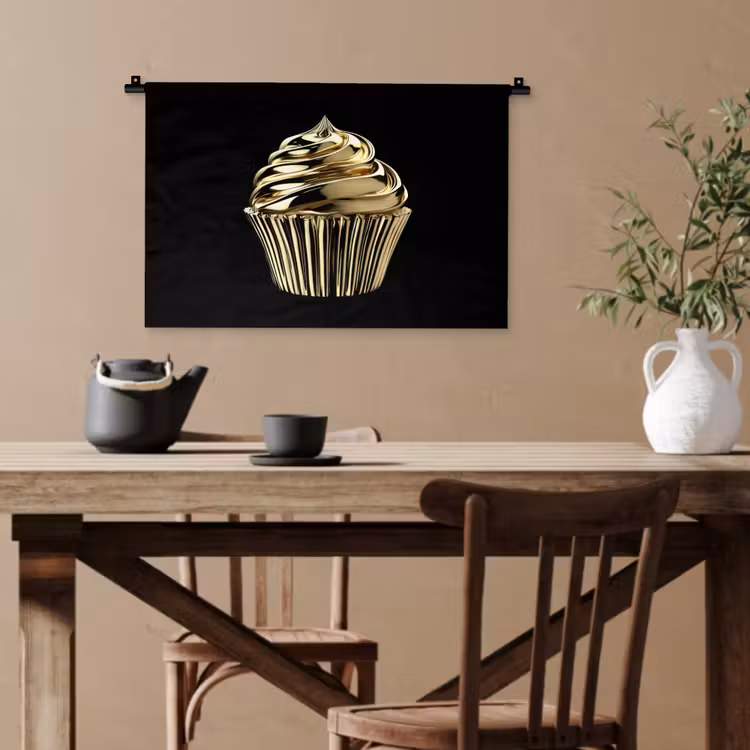 Cupcake - Eten - Goud - Zwart Wandkleed katoen klein -sfeer6